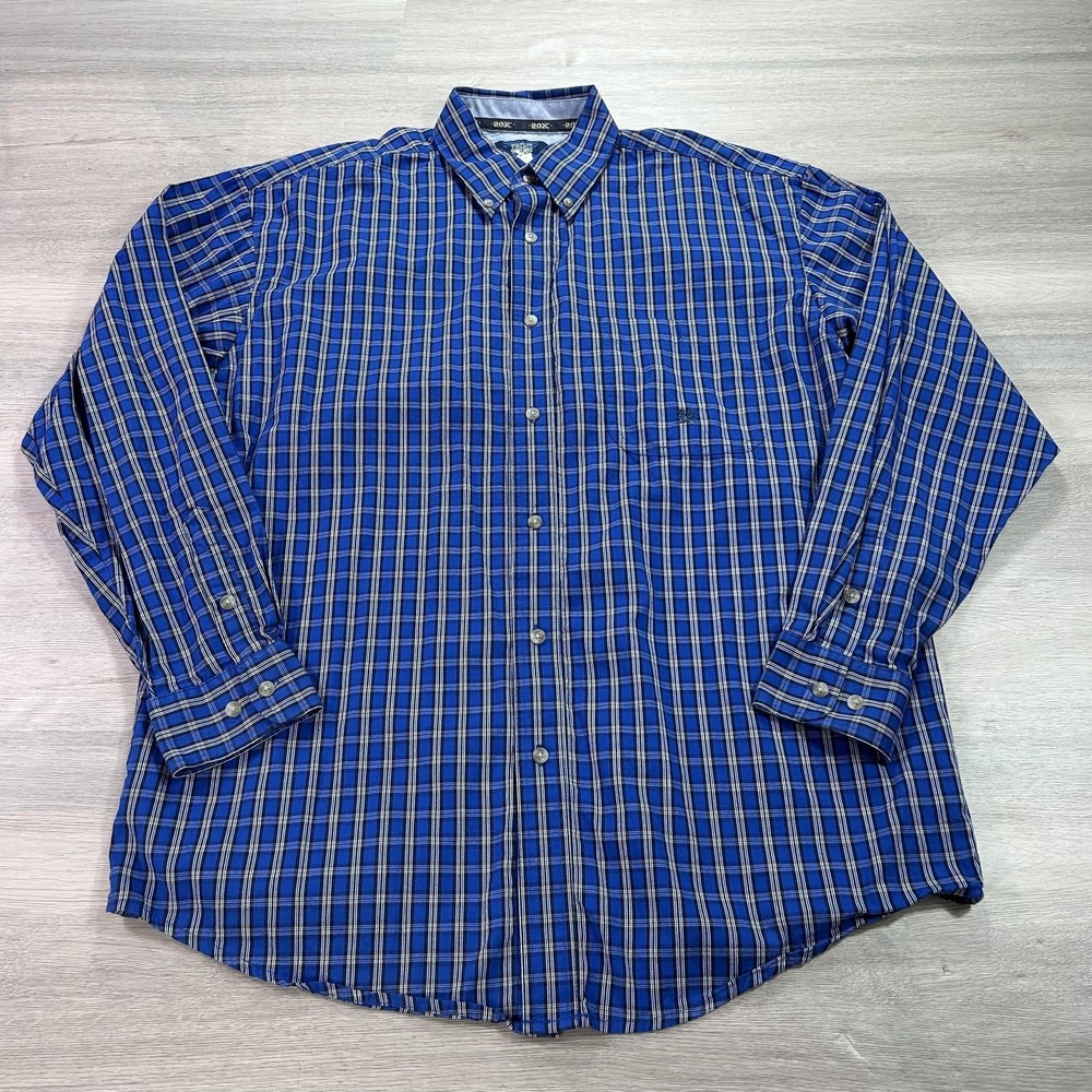 Wrangler 20X Shirt Mens Large Blue Plaid Button Down Long Sleeve Cotton‎ Western